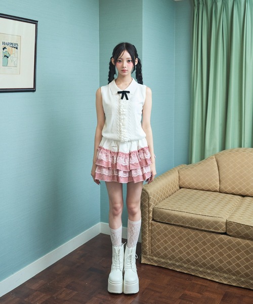Lovilyn(ラヴィリン)の「シルバーロゴチェックレースティアードスカパン(スカート・レディース・レッド/ブラック・FREE)」の7枚目の写真