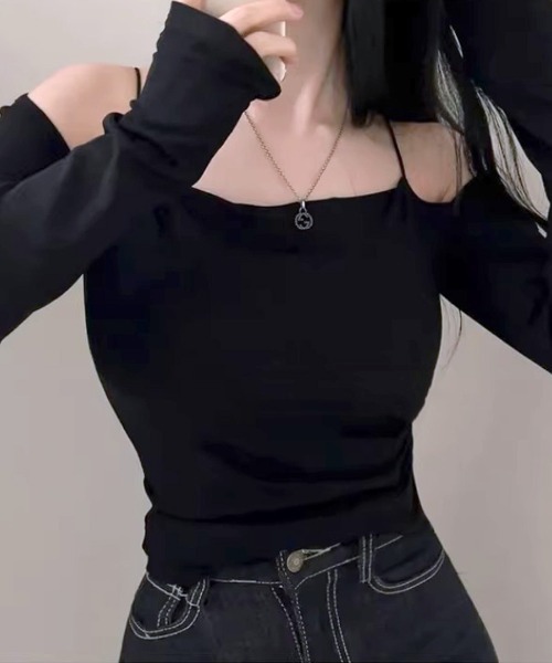 Riff(リフ)の「サイドシャーリングオフショル長袖トップス(Tシャツ/カットソー・レディース・ブラック/パープル/チャコールグレー・FREE)」の7枚目の写真