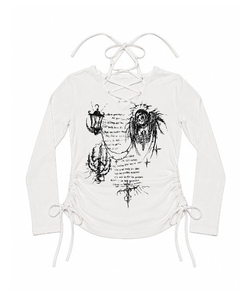 Never mind the XU / Chikashitsu+(ネバーマインド ザ エックスユー / チカシツプラス)の「【BABY09】v-neck ribbon shirring tops / 【ベイビーナイン】Vネックリボンシャーリング長袖Tシャツ(Tシャツ/カットソー・レディース・ホワイト・S)」の3枚目の写真
