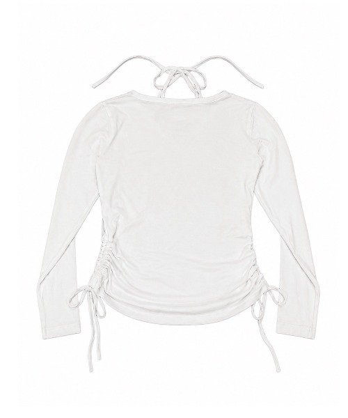 Never mind the XU / Chikashitsu+(ネバーマインド ザ エックスユー / チカシツプラス)の「【BABY09】v-neck ribbon shirring tops / 【ベイビーナイン】Vネックリボンシャーリング長袖Tシャツ(Tシャツ/カットソー・レディース・ホワイト・S)」の2枚目の写真