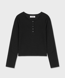 [w] ステディワッフルスリムヘンリーネックTシャツブラック