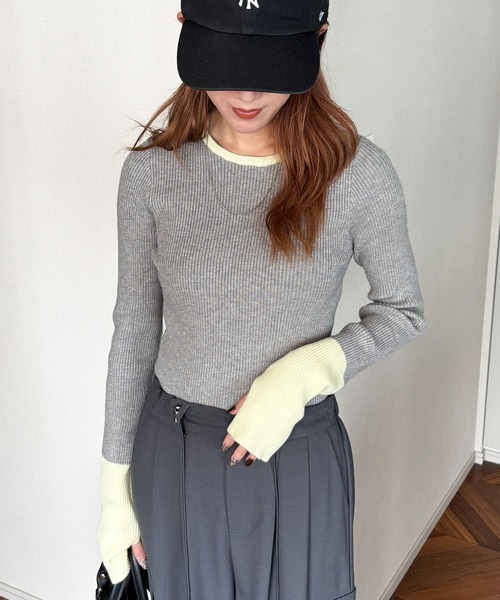 ISOOK(アイスー)の「【ISOOK / アイスー】配色リンガーリブニット / バイカラー リンガーニット リブニット 指穴 サムホール フィンガーホール ロングスリーブ 長袖 ZOZOTOWN限定(Tシャツ/カットソー・レディース・ブラウン/グレー・FREE)」の9枚目の写真
