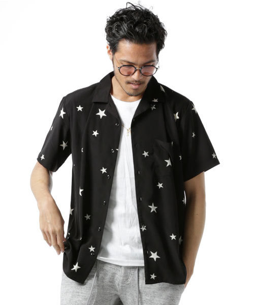 JACKROSE(ジャックローズ)の「オープンカラースタープリントシャツ(シャツ/ブラウス・メンズ・ブラック/ホワイト・L/M)」の2枚目の写真