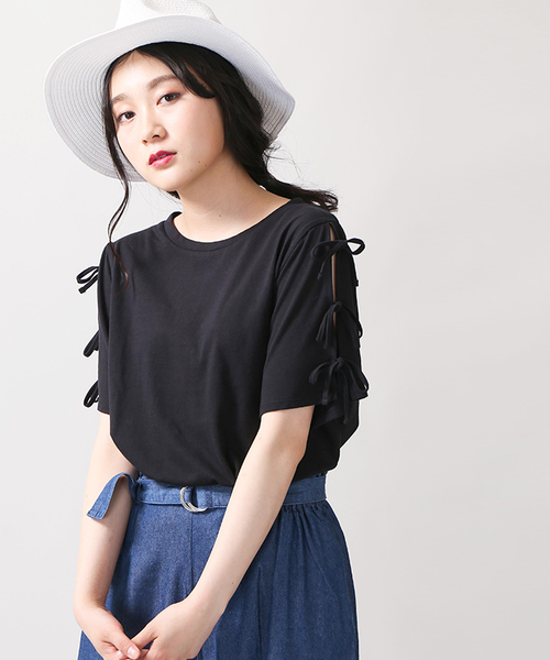 WEGO（ウィゴー）の「WEGO/リボンスリーブカットソー（Tシャツ/カットソー・レディース・サックスブルー/ブラック/ライトパープル/ホワイト/レッド/ワイン・LARGE/MEDIUM）」の3枚目の写真