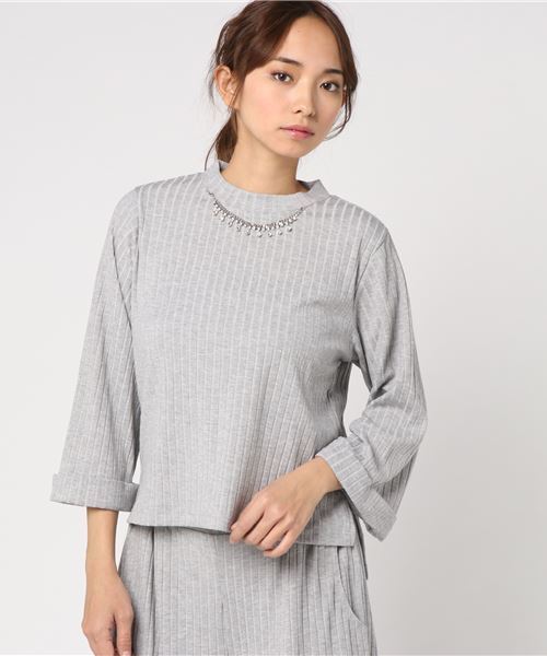 GeeRA（ジーラ）の「ビジュー付ワイドリブカットソーセットアップ（アンサンブル・レディース・ネイビー/カーキ/杢グレー・SMALL/MEDIUM/LARGE/X-LARGE/XX-LARGE）」の6枚目の写真