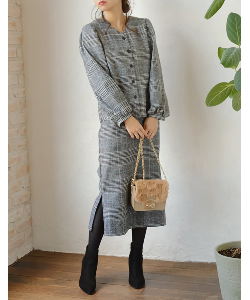 Re:EDIT（リエディ）の「サイドスリットグレンチェックタイトロングスカート（スカート・レディース・オレンジ/ブルー・LARGE/MEDIUM）」の2枚目の写真