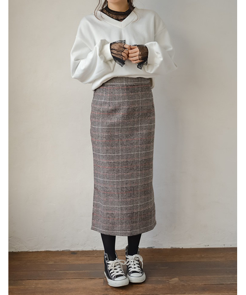 Re:EDIT（リエディ）の「サイドスリットグレンチェックタイトロングスカート（スカート・レディース・オレンジ/ブルー・LARGE/MEDIUM）」の8枚目の写真