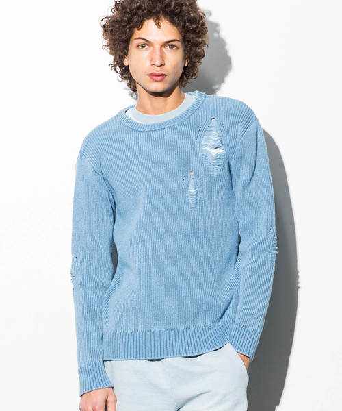 AZ by junhashimoto(エーゼイ バイ ジュンハシモト)の「AZ by junhashimoto(エーゼイ バイ ジュンハシモト)インディゴ染めダメージサマーニット(ニット/セーター・メンズ・ブルー/サックスブルー・LARGE/MEDIUM/SMALL/X-LARGE)」の1枚目の写真