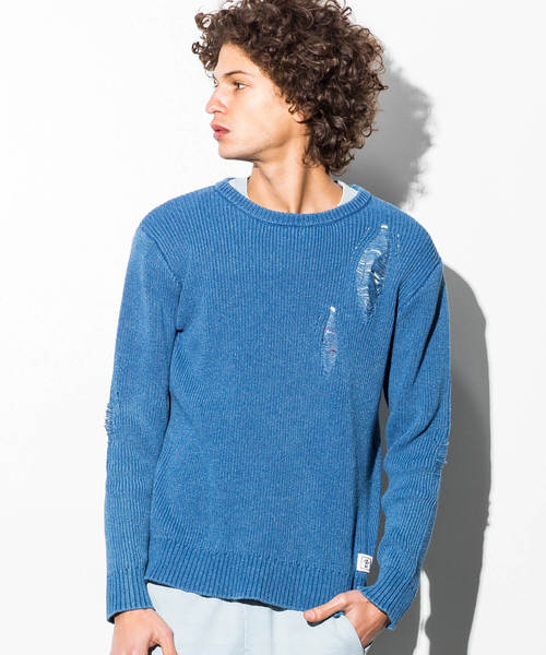 AZ by junhashimoto(エーゼイ バイ ジュンハシモト)の「AZ by junhashimoto(エーゼイ バイ ジュンハシモト)インディゴ染めダメージサマーニット(ニット/セーター・メンズ・ブルー/サックスブルー・LARGE/MEDIUM/SMALL/X-LARGE)」の2枚目の写真