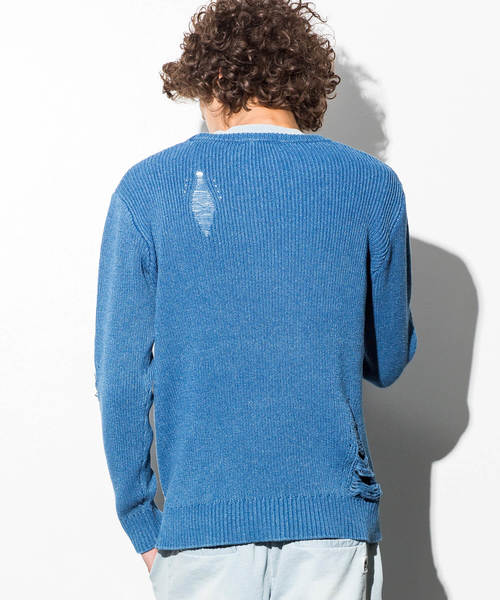 AZ by junhashimoto(エーゼイ バイ ジュンハシモト)の「AZ by junhashimoto(エーゼイ バイ ジュンハシモト)インディゴ染めダメージサマーニット(ニット/セーター・メンズ・ブルー/サックスブルー・LARGE/MEDIUM/SMALL/X-LARGE)」の5枚目の写真
