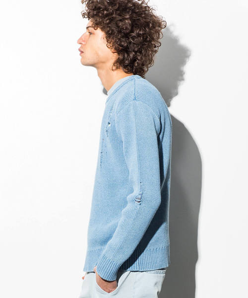AZ by junhashimoto(エーゼイ バイ ジュンハシモト)の「AZ by junhashimoto(エーゼイ バイ ジュンハシモト)インディゴ染めダメージサマーニット(ニット/セーター・メンズ・ブルー/サックスブルー・LARGE/MEDIUM/SMALL/X-LARGE)」の7枚目の写真