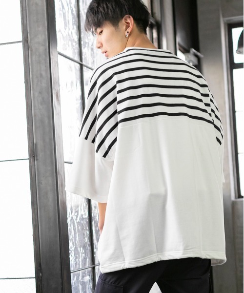 Beno(ビーノ)の「ミニ裏毛 / ハイブリッド ボーダー オーバーサイズ スピンドル ビッグTシャツ(Tシャツ/カットソー・メンズ・オフホワイト/ベージュ/ブラック・FREE)」の2枚目の写真