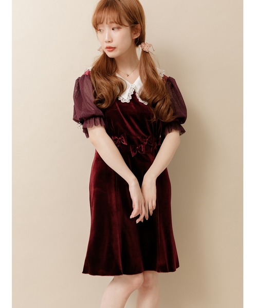 セール ワンピース ドレス ワンピース ビッグカラーベロアリボンワンピ ワンピース Honey Honey Salon ハニーサロン のファッション
