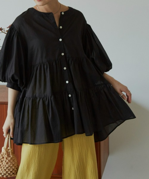 Auntie Rosa Holiday(アンティローザホリデー)の「ノーカラーシアーコットンブラウス(シャツ/ブラウス・レディース・ホワイト/ブラック/ネイビー/カーキ/モカ・FREE)」の4枚目の写真