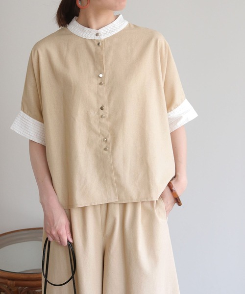 vingtrois(バントロア)の「【Vingtrois】リネンブレンドデザインポンチョシャツ(シャツ/ブラウス・レディース・ネイビー/ライトベージュ/ライトグレー・M)」の1枚目の写真