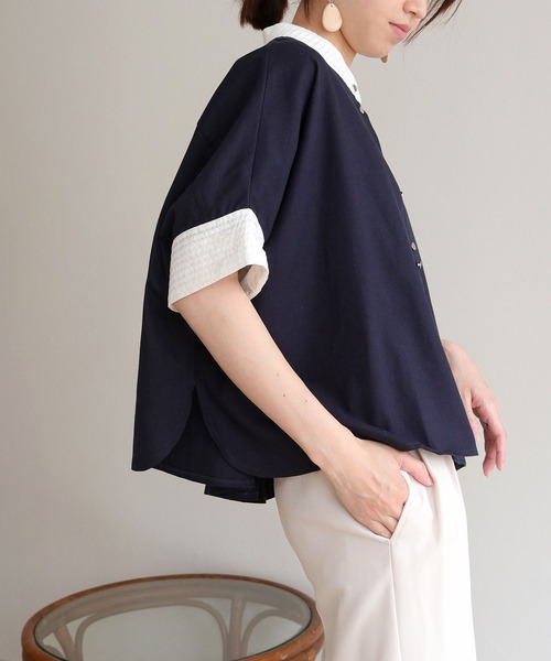 vingtrois(バントロア)の「【Vingtrois】リネンブレンドデザインポンチョシャツ(シャツ/ブラウス・レディース・ネイビー/ライトベージュ/ライトグレー・M)」の4枚目の写真