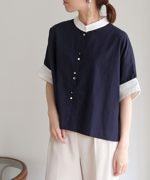 vingtrois(バントロア)の「【Vingtrois】リネンブレンドデザインポンチョシャツ(シャツ/ブラウス・レディース・ネイビー/ライトベージュ/ライトグレー・M)」の11枚目の写真