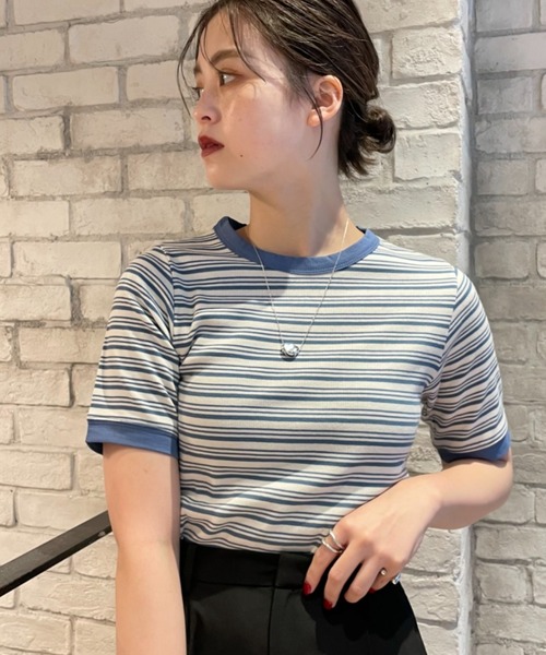CIAOPANIC(チャオパニック)の「リブボーダーリンガーTシャツ(Tシャツ/カットソー・レディース・グリーン/ネイビー/サックスブルー・FREE)」の3枚目の写真
