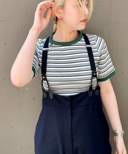 CIAOPANIC(チャオパニック)の「リブボーダーリンガーTシャツ(Tシャツ/カットソー・レディース・グリーン/ネイビー/サックスブルー・FREE)」の2枚目の写真