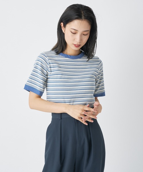 CIAOPANIC(チャオパニック)の「リブボーダーリンガーTシャツ(Tシャツ/カットソー・レディース・グリーン/ネイビー/サックスブルー・FREE)」の9枚目の写真