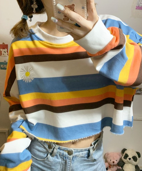 meJane(ミージェーン)の「マルチボーダークロップドロンT【ZOZOTOWN限定】(Tシャツ/カットソー・レディース・ブラウン/グリーン/ブルー・FREE)」の3枚目の写真