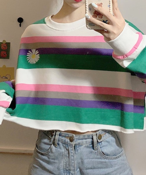 meJane(ミージェーン)の「マルチボーダークロップドロンT【ZOZOTOWN限定】(Tシャツ/カットソー・レディース・ブラウン/グリーン/ブルー・FREE)」の2枚目の写真