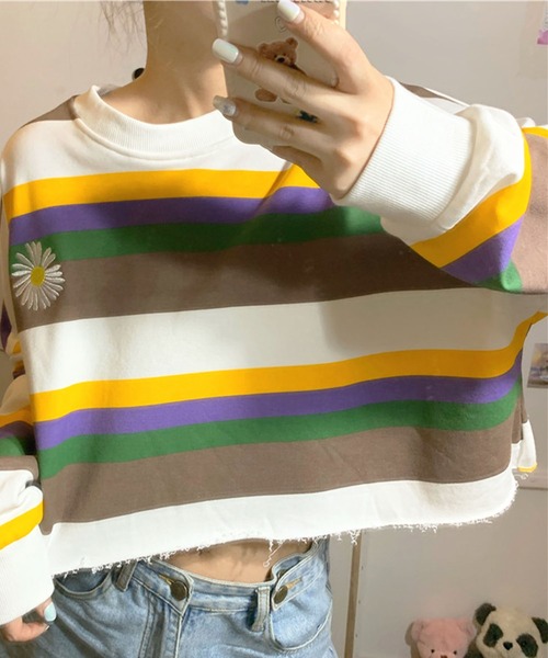 meJane(ミージェーン)の「マルチボーダークロップドロンT【ZOZOTOWN限定】(Tシャツ/カットソー・レディース・ブラウン/グリーン/ブルー・FREE)」の5枚目の写真