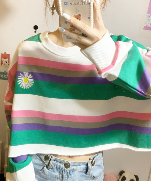 meJane(ミージェーン)の「マルチボーダークロップドロンT【ZOZOTOWN限定】(Tシャツ/カットソー・レディース・ブラウン/グリーン/ブルー・FREE)」の7枚目の写真