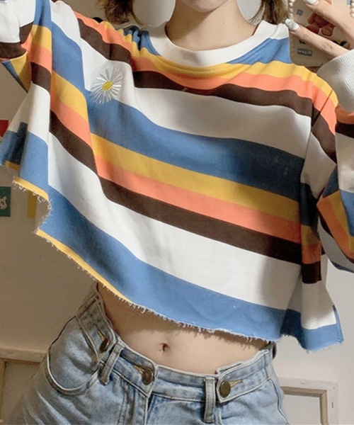 meJane(ミージェーン)の「マルチボーダークロップドロンT【ZOZOTOWN限定】(Tシャツ/カットソー・レディース・ブラウン/グリーン/ブルー・FREE)」の9枚目の写真