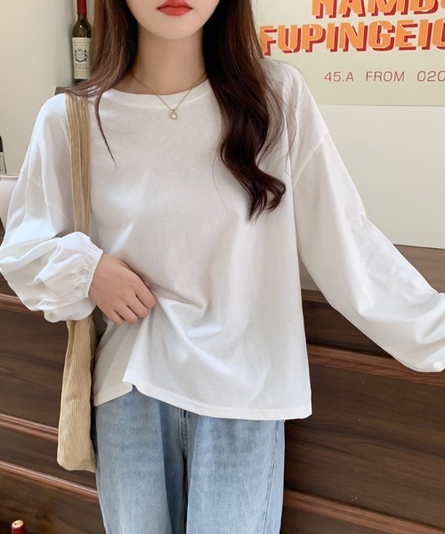 MANGROVE(マングローブ)の「ギャザーカフスロンtee(Tシャツ/カットソー・レディース・ブラック/ホワイト/グレイッシュブルー/グリーン/パープル・FREE)」の2枚目の写真