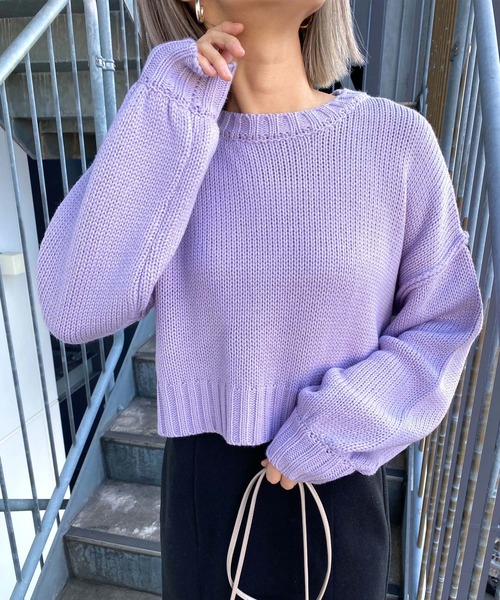 MLI'A（エムリア）の「ショート丈ローゲージニット（ニット/セーター・レディース・イエロー/ブルー/アイボリー/ライトパープル/ブラック/グリーン/オレンジ/ライトグリーン/ピンク/レッド・M）」の6枚目の写真