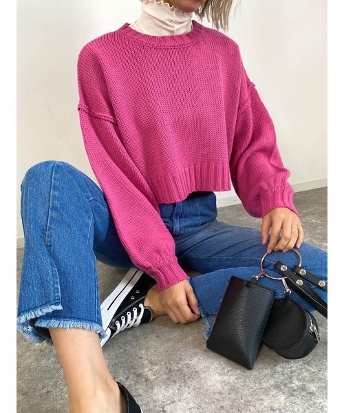 MLI'A（エムリア）の「ショート丈ローゲージニット（ニット/セーター・レディース・イエロー/ブルー/アイボリー/ライトパープル/ブラック/グリーン/オレンジ/ライトグリーン/ピンク/レッド・M）」の8枚目の写真