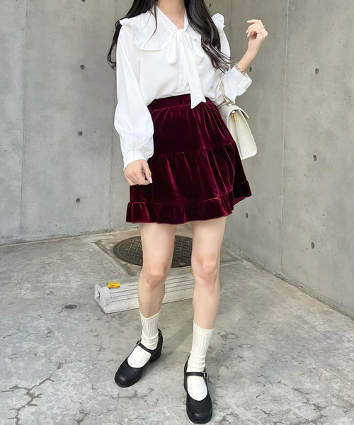 titty＆Co. PETIT by poyo（ティティーアンドコープティバイポヨ）の「【titty&Co.PETIT by POYO】ベロアティアードスカパン（スカート・レディース・ブラック/ボルドー・SMALL/MEDIUM）」の16枚目の写真