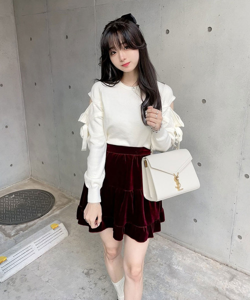 titty＆Co. PETIT by poyo（ティティーアンドコープティバイポヨ）の「【titty&Co.PETIT by POYO】ベロアティアードスカパン（スカート・レディース・ブラック/ボルドー・SMALL/MEDIUM）」の18枚目の写真