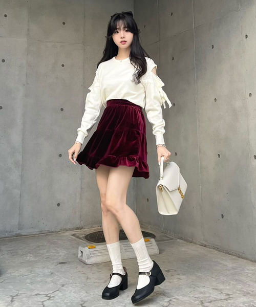 titty＆Co. PETIT by poyo（ティティーアンドコープティバイポヨ）の「【titty&Co.PETIT by POYO】ベロアティアードスカパン（スカート・レディース・ブラック/ボルドー・SMALL/MEDIUM）」の19枚目の写真