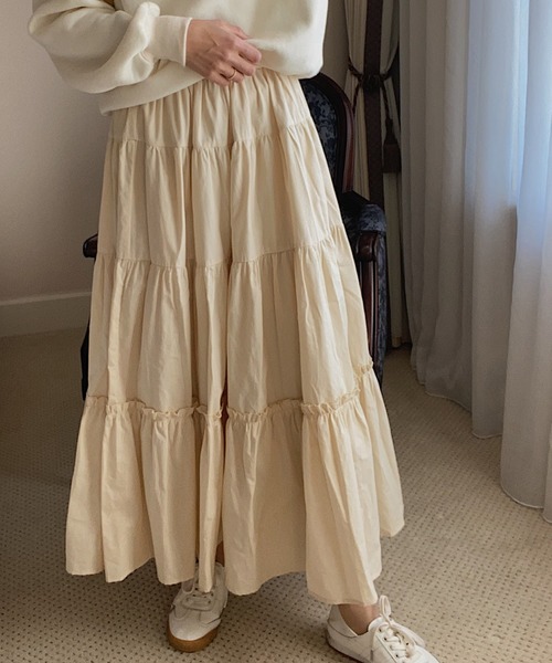 LAUIR（ラウアー）の「ギャザーフリルティアードマキシスカート（スカート・レディース・アイボリー/ホワイト/ブラック/ピンク/グレー/ネイビー/ライトブルー/オレンジ/グリーン/ライトブラウン/グリーン系その他/チェック・LARGE/MEDIUM/X-LARGE/SMALL）」の13枚目の写真