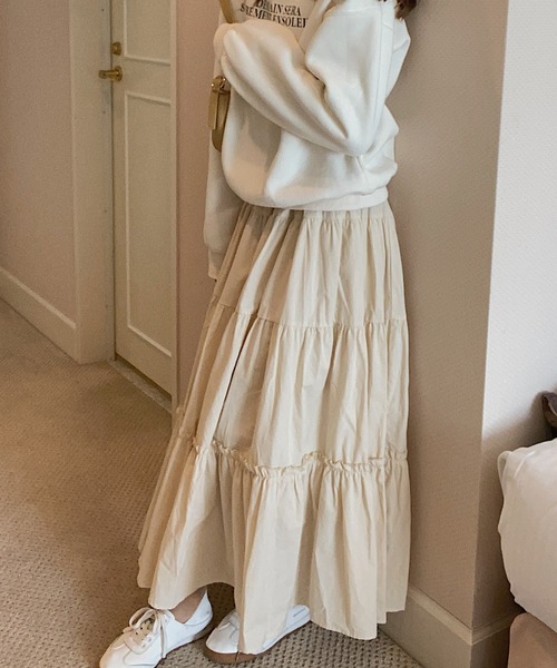 LAUIR（ラウアー）の「ギャザーフリルティアードマキシスカート（スカート・レディース・アイボリー/ホワイト/ブラック/ピンク/グレー/ネイビー/ライトブルー/オレンジ/グリーン/ライトブラウン/グリーン系その他/チェック・LARGE/MEDIUM/X-LARGE/SMALL）」の15枚目の写真