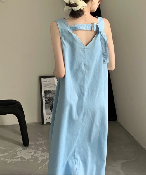 セール バックベルトデニム風ノースリーブロングワンピース ワンピース Emi エミプラス のファッション通販 Zozotown