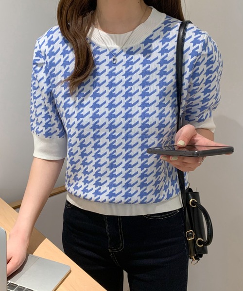 ABITOKYO(アビトーキョー)の「千鳥ジャガードニットトップス(ニット/セーター・レディース・ブラック/ブルー/グリーン・FREE)」の6枚目の写真