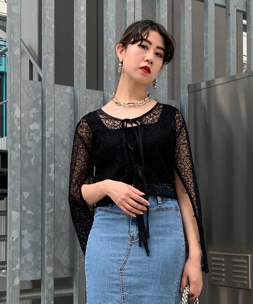 Narcissus（ナルシス）の「【SINN】Narcissusオリジナル　メッシュ2WAYカーディガン（カーディガン/ボレロ・レディース・レッド/ブラック・FREE）」の2枚目の写真