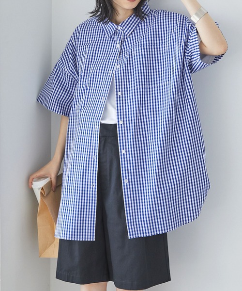 Chaco closet(チャコ クローゼット)の「オーバーサイズメンズライクレギュラーカラーアソート半袖シャツ(シャツ/ブラウス・レディース・ライトブルー/ピンク/イエロー/ブルー/グリーン/グリーン系/オレンジ/ネイビー/ブラック系/ブルー系/オフホワイト/ブラック/レッド/ブラウン/ピンク系/オレンジ系・FREE)」の10枚目の写真