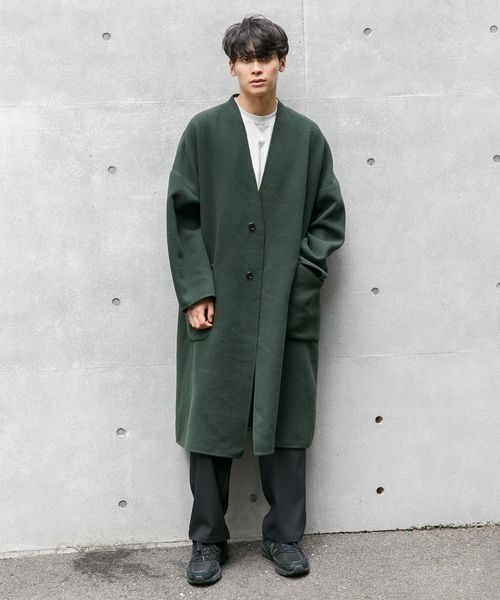 LOWRYS FARM（ローリーズファーム）の「メリノＷフェイスノーカラーコート　285287（ノーカラーコート・メンズ・チャコールグレー/グリーン・MEDIUM/LARGE）」の3枚目の写真