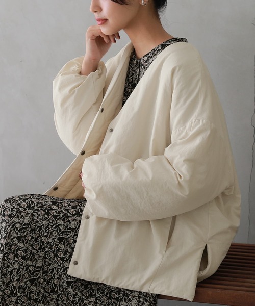 osharewalker(オシャレウォーカー)の「『ステッチレスノーカラー中綿ジャケット』(ブルゾン・レディース・ブラック/ライトカーキ/アイボリー・FREE)」の8枚目の写真