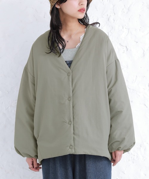 osharewalker(オシャレウォーカー)の「『ステッチレスノーカラー中綿ジャケット』(ブルゾン・レディース・ブラック/ライトカーキ/アイボリー・FREE)」の12枚目の写真