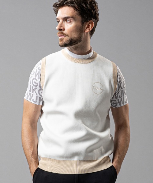 wjk(ダヴルジェイケイ)の「mcg3139--GOLF-WJKG- knit vest ベスト(ベスト・メンズ・ブラック×グレー/ホワイト系その他/ネイビー・M/S/L)」の1枚目の写真