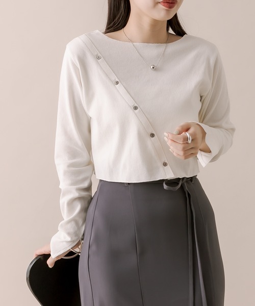 mline（エムライン）の「[mline]アシメボタントップス（ニット/セーター・レディース・ミント/オフホワイト/パープル/ブラック・FREE）」の5枚目の写真