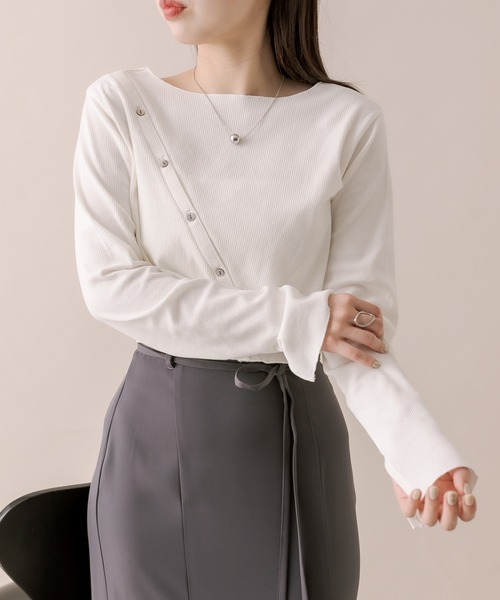 mline（エムライン）の「[mline]アシメボタントップス（ニット/セーター・レディース・ミント/オフホワイト/パープル/ブラック・FREE）」の6枚目の写真