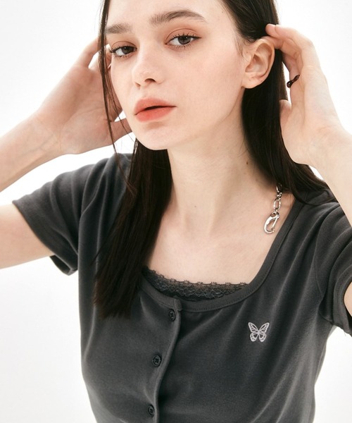 FANCY CLUB（ファンシークラブ）の「NASTY FANCY CLUB／キューティークロップカーディガン 2199682（カーディガン/ボレロ・レディース・チャコール/ホワイト/ブラック・FREE）」の5枚目の写真