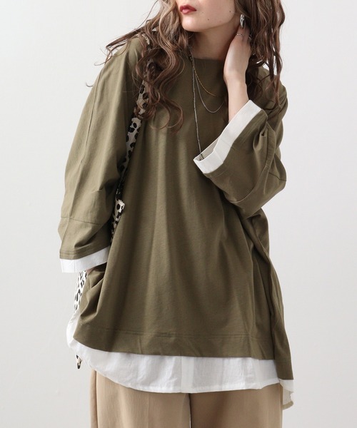 atONE(アットワン)の「atONE ゆるっと異素材レイヤードTシャツ 七分袖(Tシャツ/カットソー・レディース・ブラック/ライトブラウン/カーキ/グレイッシュベージュ・4L~5L/LL~3L/M-L)」の1枚目の写真