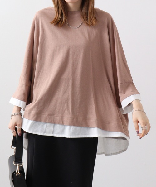 atONE(アットワン)の「atONE ゆるっと異素材レイヤードTシャツ 七分袖(Tシャツ/カットソー・レディース・ブラック/ライトブラウン/カーキ/グレイッシュベージュ・4L~5L/LL~3L/M-L)」の3枚目の写真